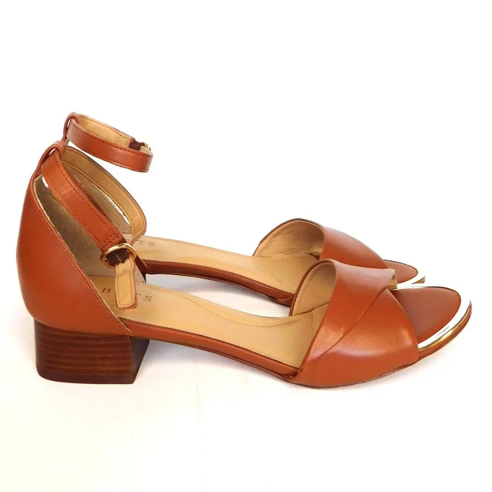 Talbots Open Toe Block 1"  Heel Camel Leather Shoes Sandals Size 7 Ankle Strap - Picture 3 of 10